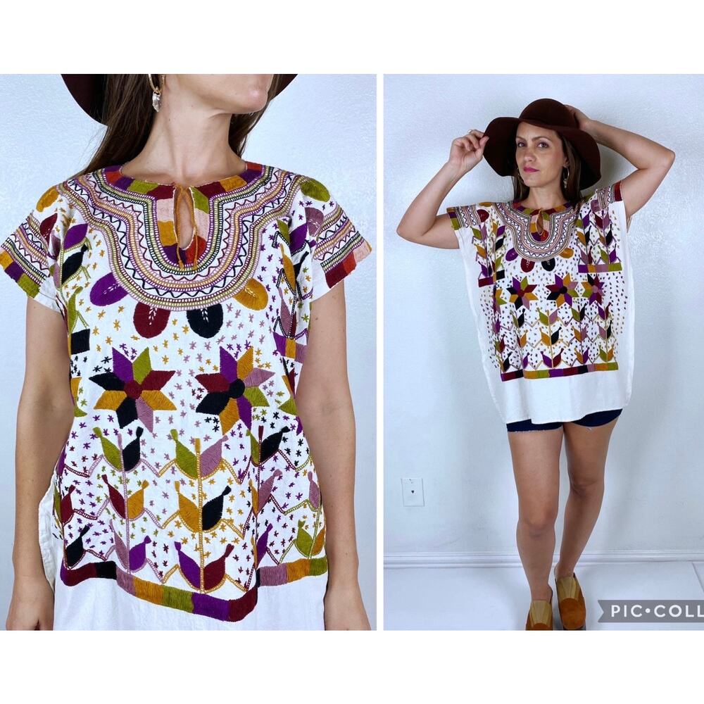 vintage 70s Cream EMBROIDERED STAR Mexican TOP os earth tone boho hippie Oaxacan